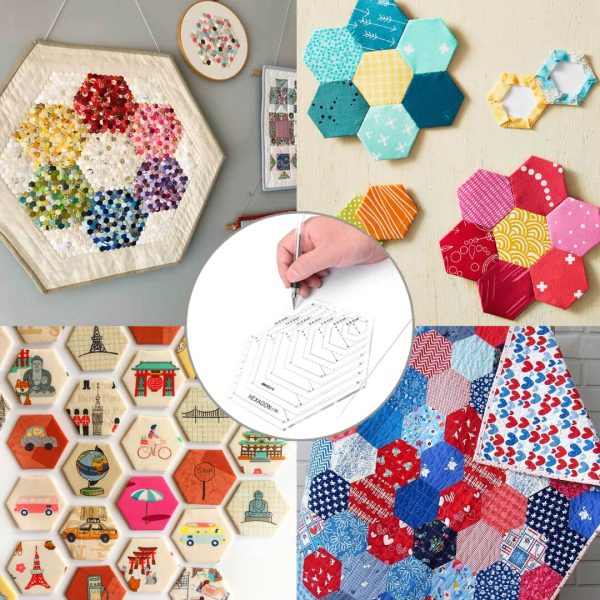 Quilter cutting fabric with Hexagon Patchwork Quilting Ruler for precise hexagon shapes