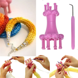 Hands using the Knitting Spool Loom Set to create a vibrant bracelet