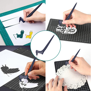Hand holding the ergonomically designed 360 Degree Cutting Tool over scrapbooking paper