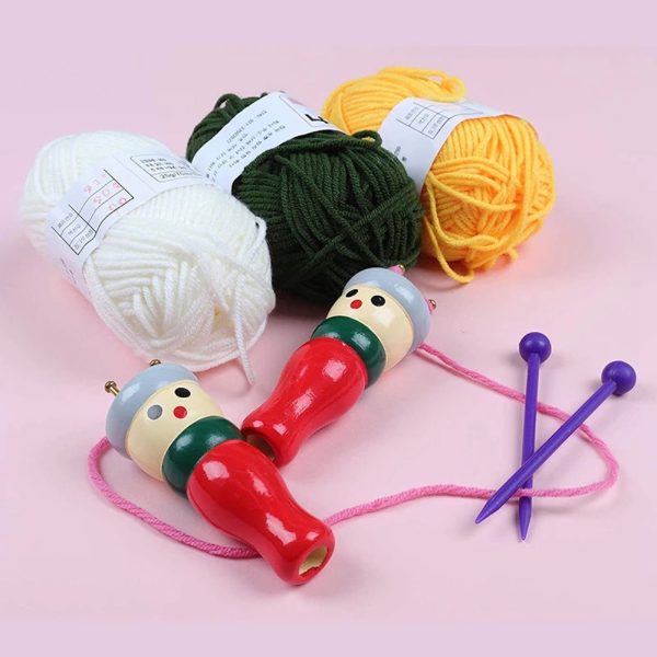 Handy Easy n Quick French Knitter ready for crafting, with wooden knitting doll and yarn